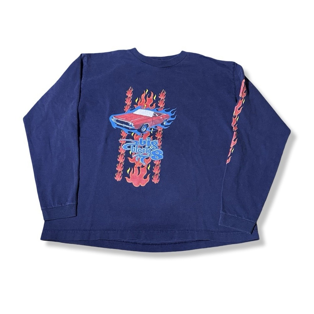 Vintage Y2K Big Block 8 Youth Car Flames Blue LS Shirt Size Medium Streetwear